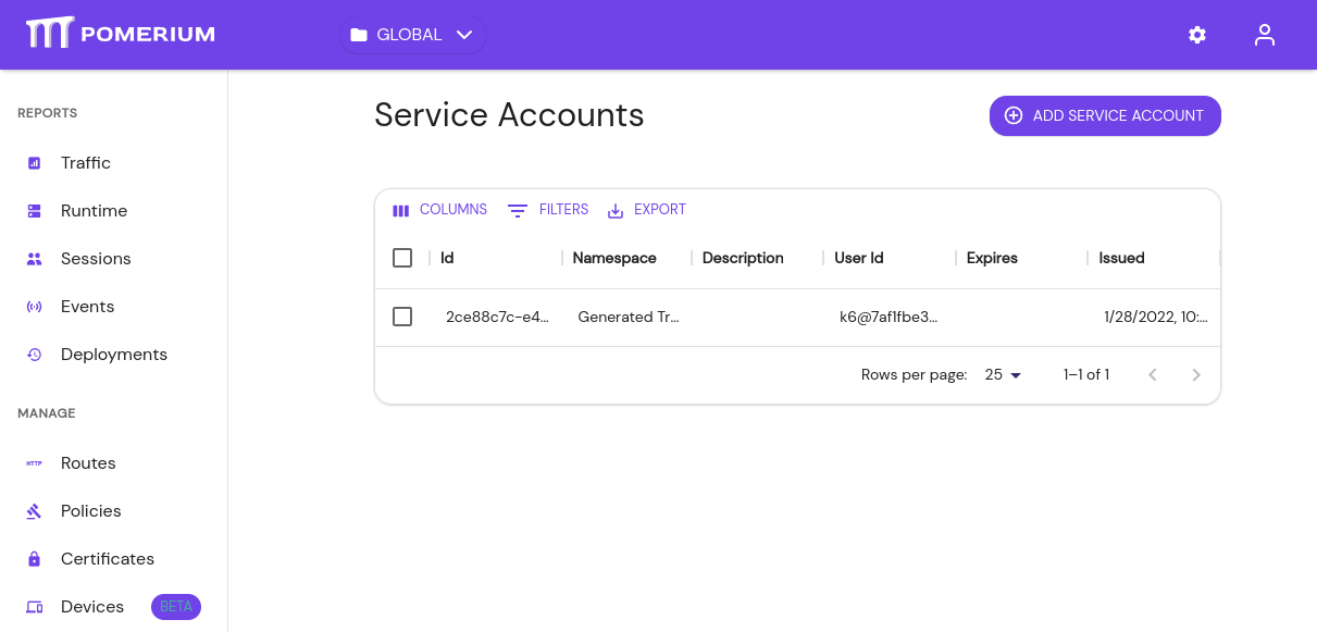The Service Accounts page