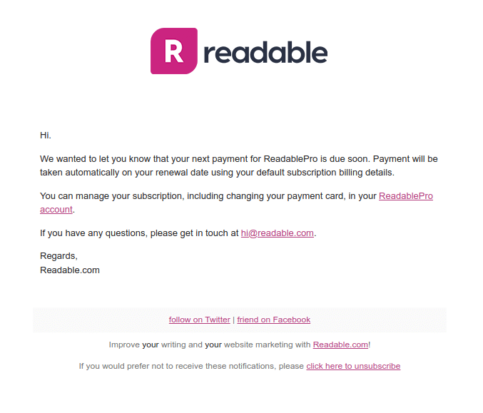 SaaS Renewal Email Examples: Readable's renewal email