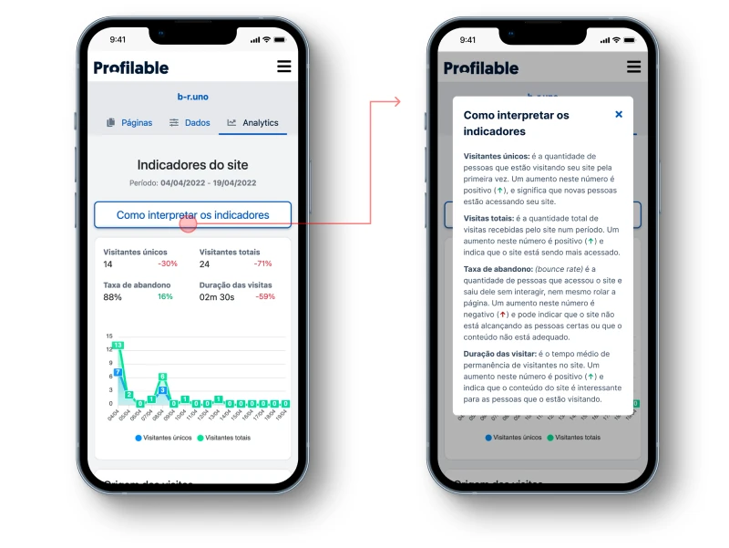 The native analytics and a modal explaining (in Portuguese) each indicator and its impact on website performance.
