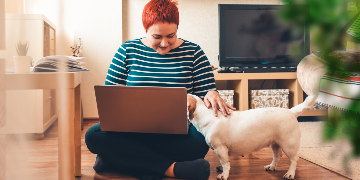 What are the best data bootcamps for learning Python? A data analytics student sitting with a laptop. A data analytics student sitting on the floor with a laptop, stroking a dog