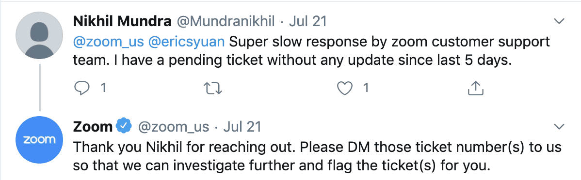 Negative tweet about Zoom's customer support