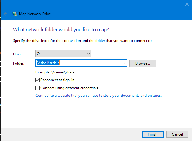 Screenshot of the dialogue for mapping a network drive