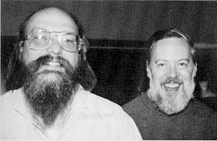 Ken Thompson (left; 1943–) and Dennis Ritchie (1941–2011), co-developers (with several others) of the Unix operating system, which underlies the design of many of the current operating systems in use today. They were awarded the Turing Award in 1983 for their work on Unix.