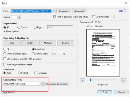 Print options indicating 'document and markups' must be selected
