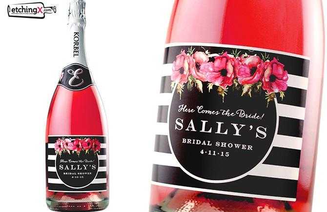 Custom labeled champagne bottle for bridal shower favors by Etching Expressions