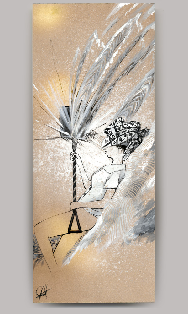 An acrylic painting on wood panel, titled 'Woman in the Dunes', of a woman, with a patterned cloth covering her face, lying in the sand holding a shovel that is shooting fireworks from the tip. The painting is rendered entirely in grayscale.