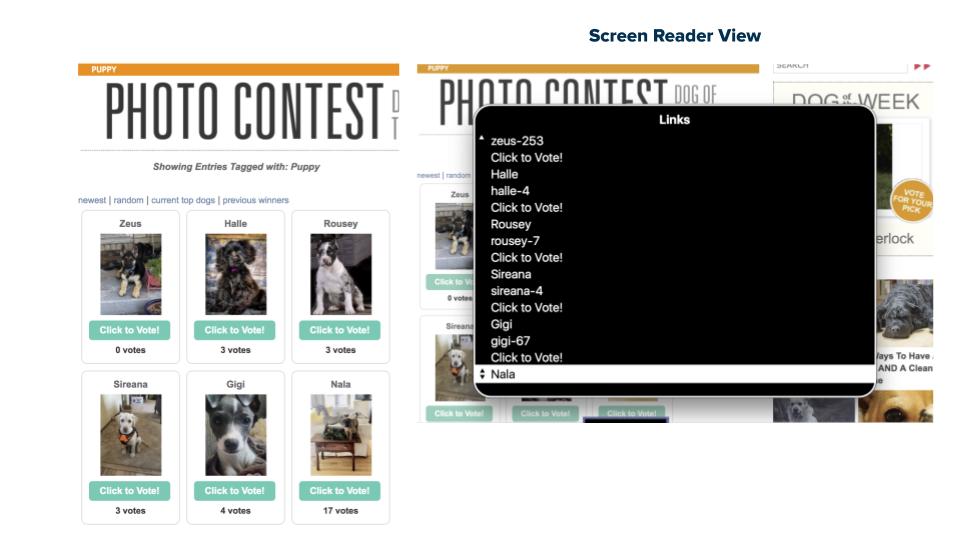 Screenshot: A puppy website with several “Click to Vote” buttons, and a screen reader demonstrting how the buttons all seem the same.
