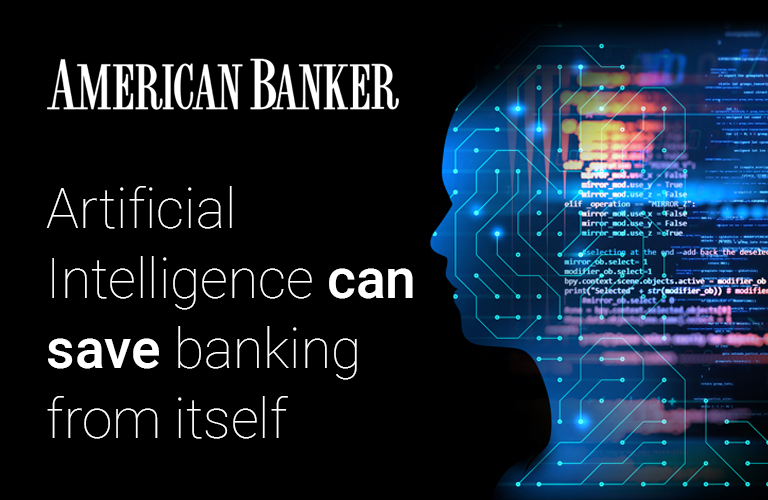 Outline of shape of head with connections and code overlayed on black background with American Banker logo and the words Artificial Intelligence can save banking from itself