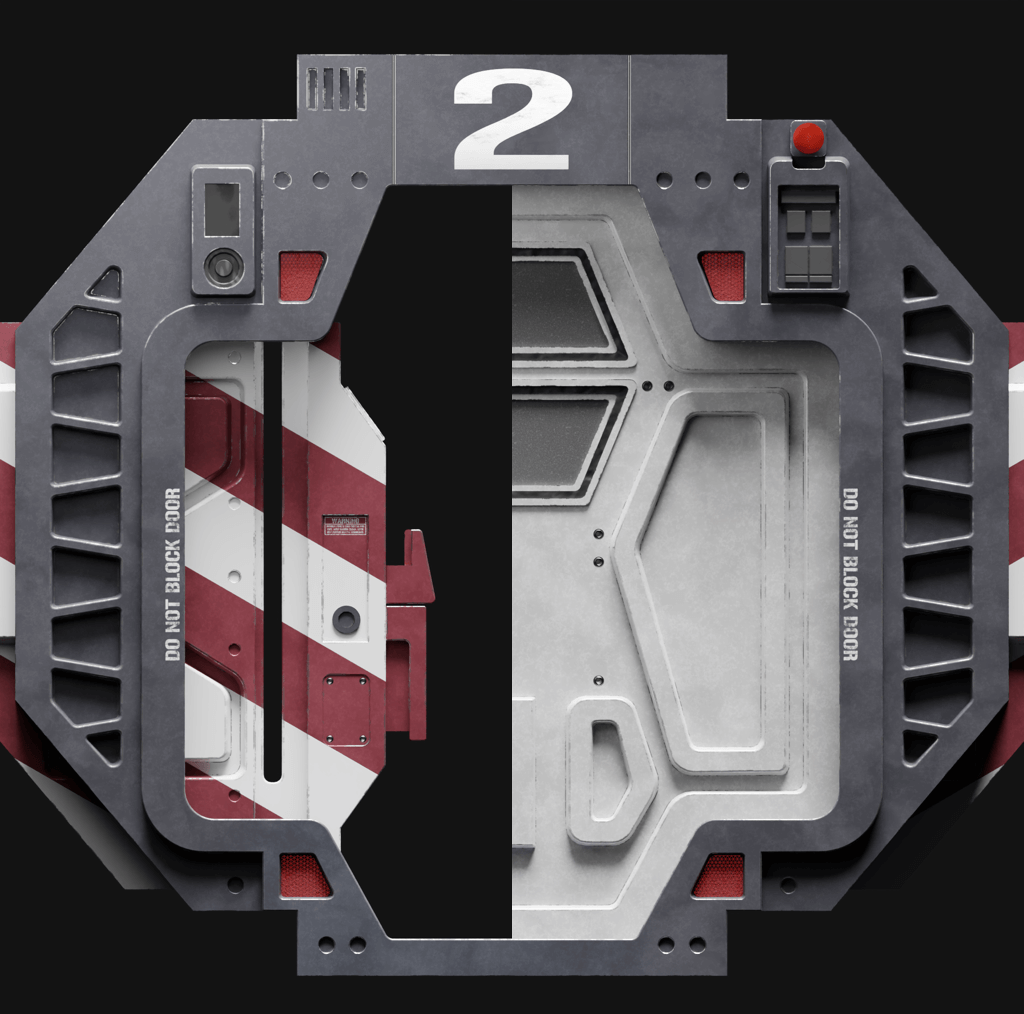 My variant of the bulkhead door in dark, showing the closed and open version simultaneously.