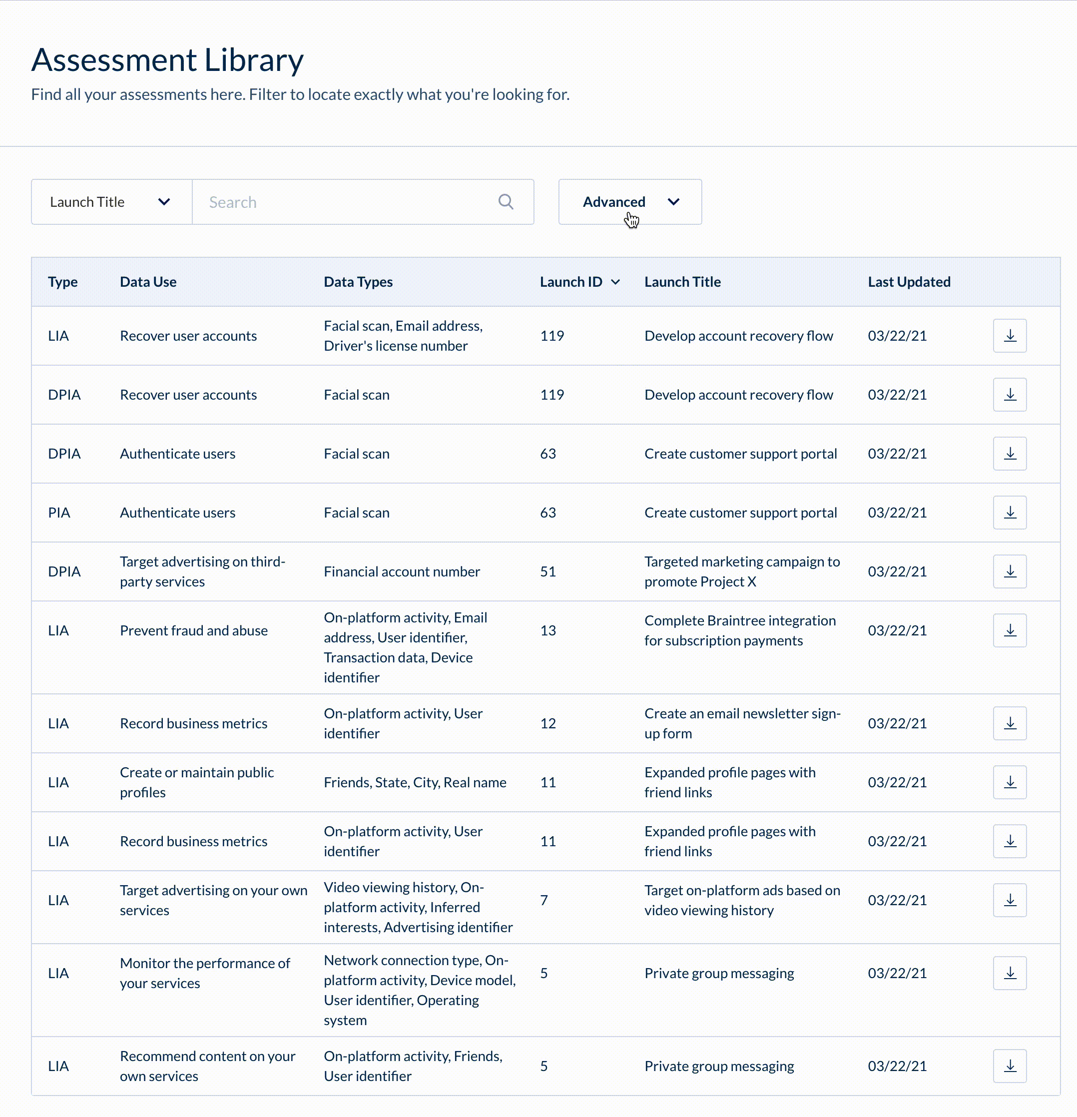 Assessment library page. 