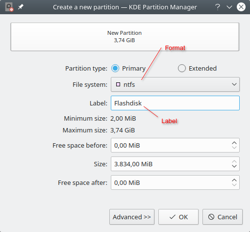 Membuat partisi pada KDE partition manager