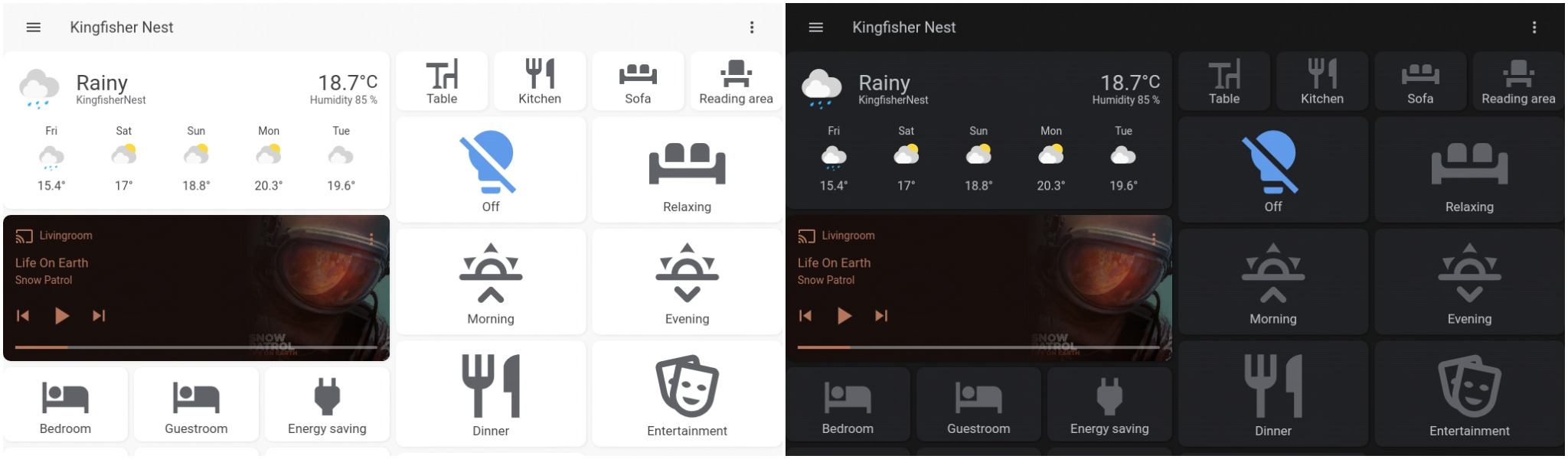 With a single automation, we can setup an easy but effecive auto dark mode for Home Assistant. Left is an example interface during the day, right is the interface in the evening.