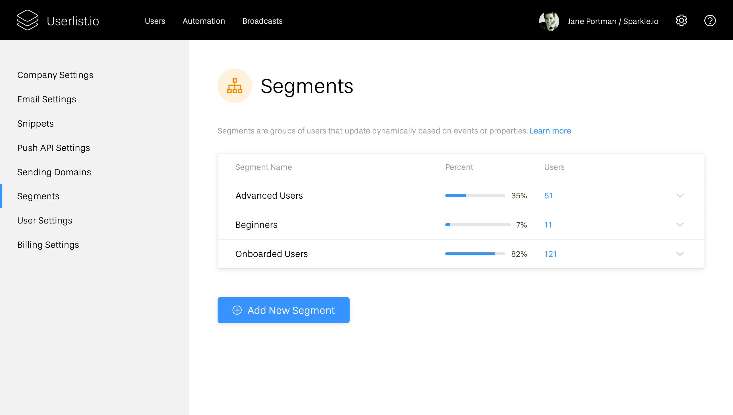 Screenshot showing segments on Userlist