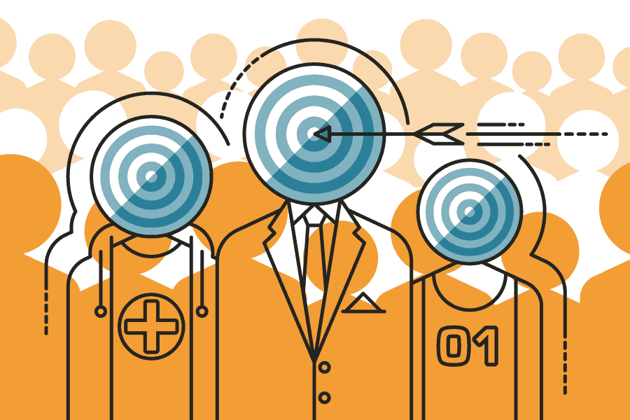 An illustration depicts finding a target audience in a large crowd.