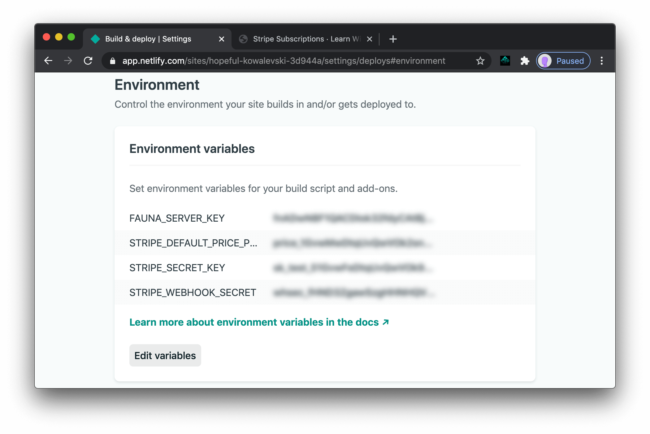 Netlify environment variables in the dashboard, including the Stripe webhook secret.