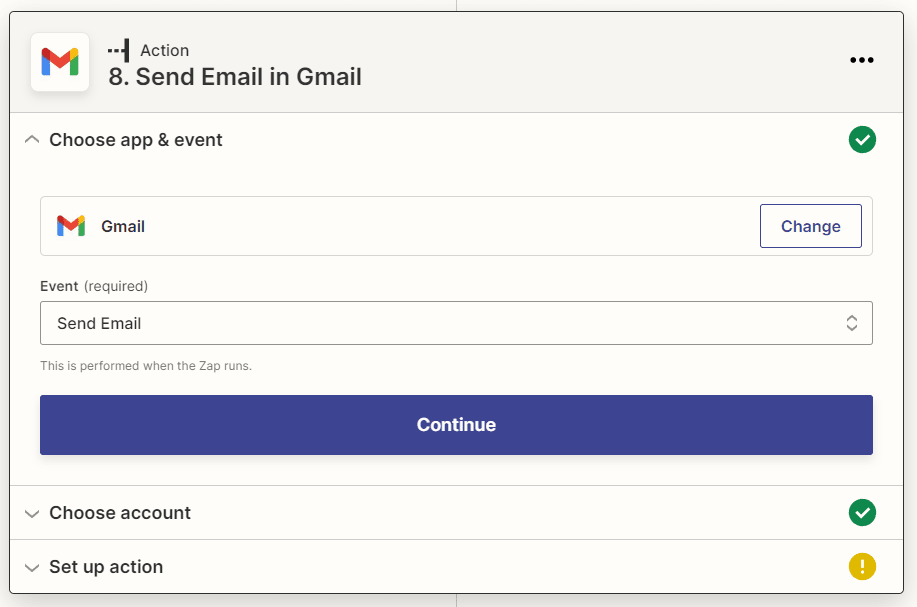 Screenshot of Zapier action to send Email in Gmail