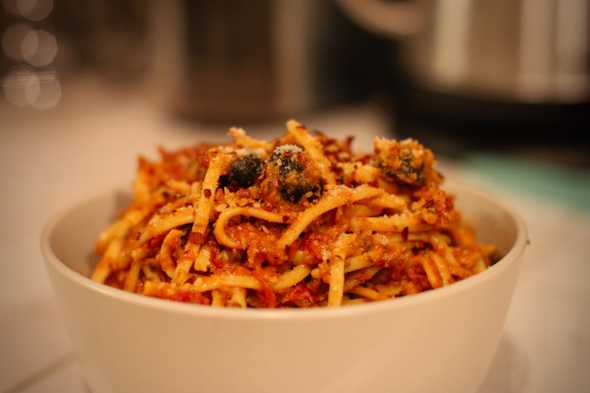 Plated dish of sardine pasta