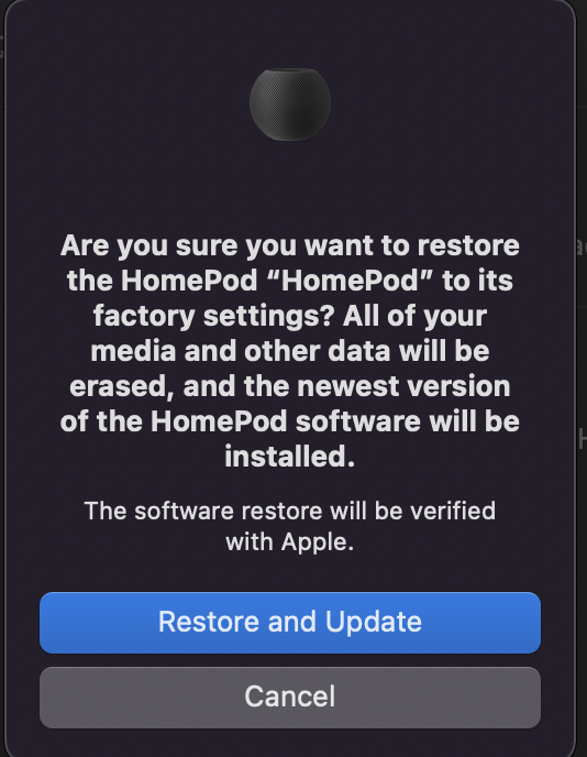 Pop up after hitting the restore HomePod button