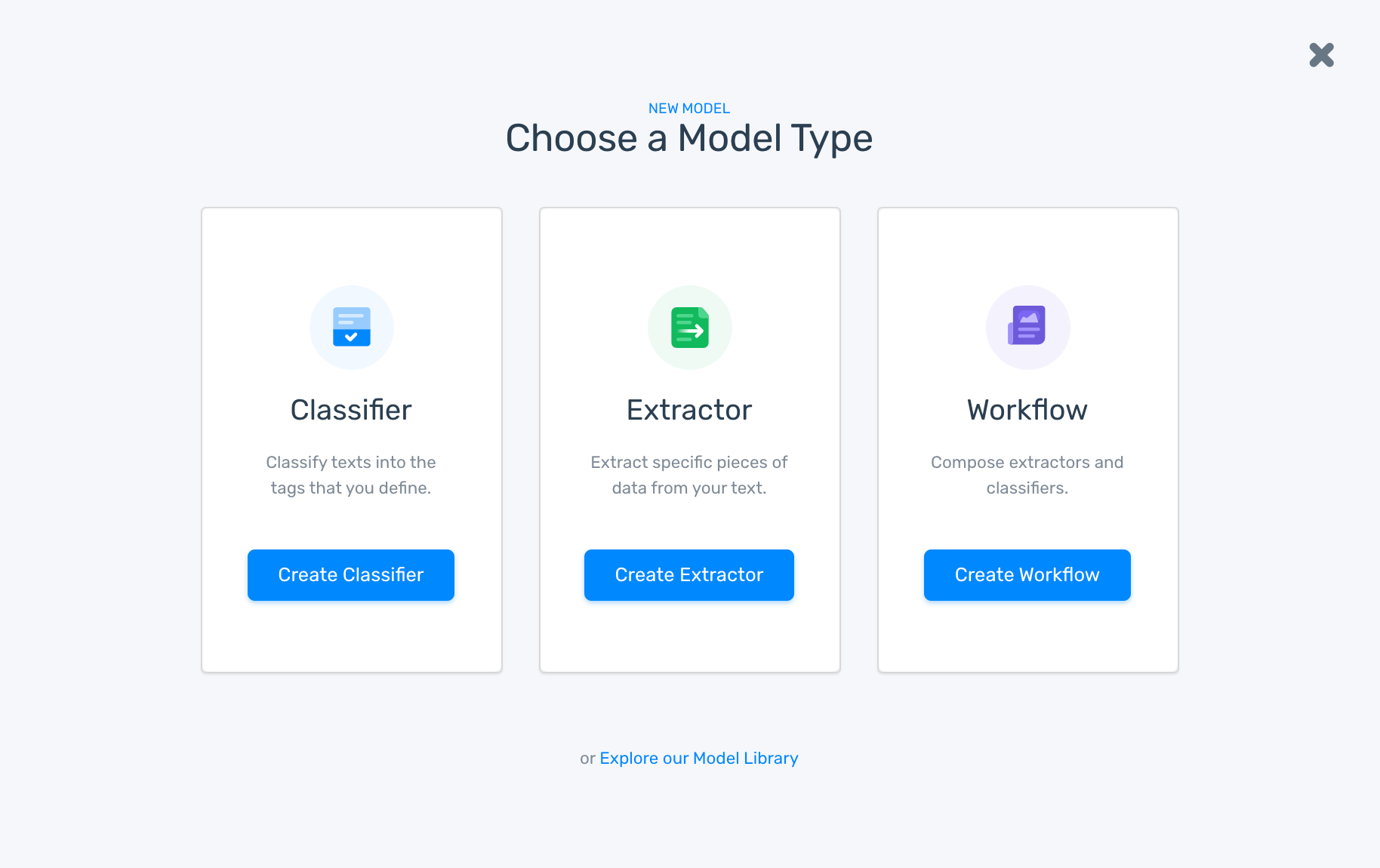 MonkeyLearn's creation wizard, with the option to choose a classifier or extractor.