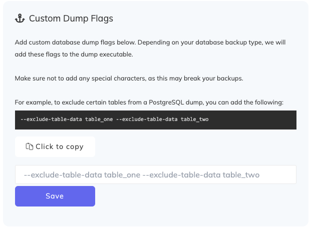 Custom database backups dump flags