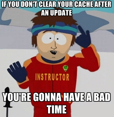 If you don't clear your cache after an update - YOU GONNA HAVE A BAD TIME