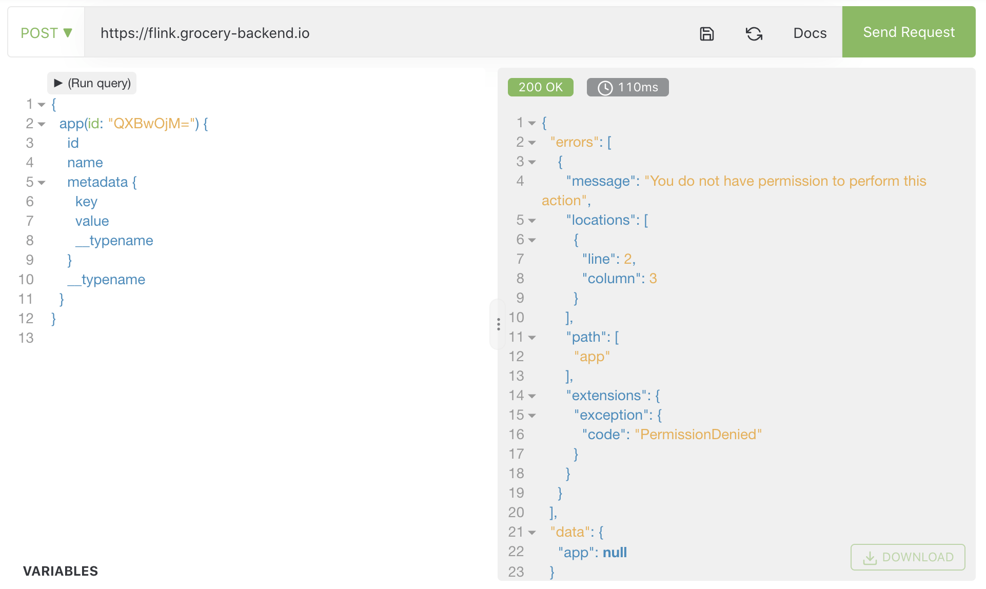 GraphQL-Antwort des Server: 'You do not have the permission to perform this action'