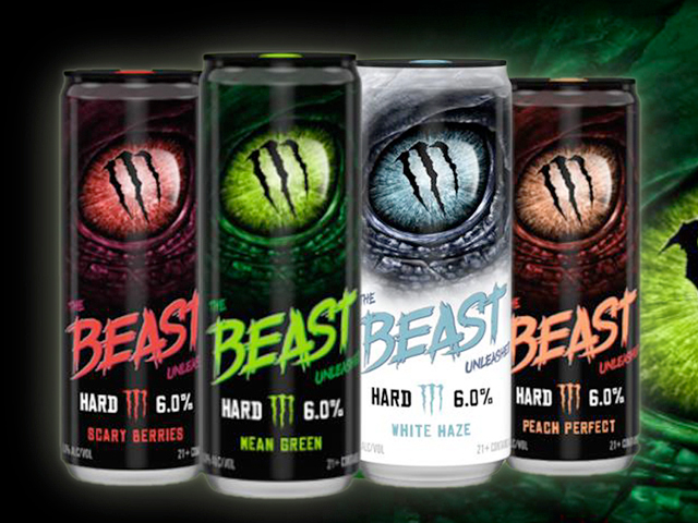 Four 16oz cans of The Beast Unleashed, each a different flavor