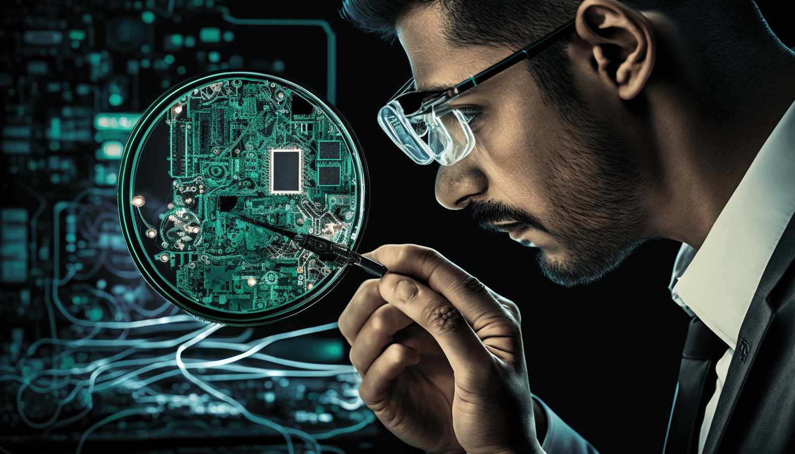 An image of a security professional examining the inner workings of an IoT device, with various hardware components and circuit boards visible. 
