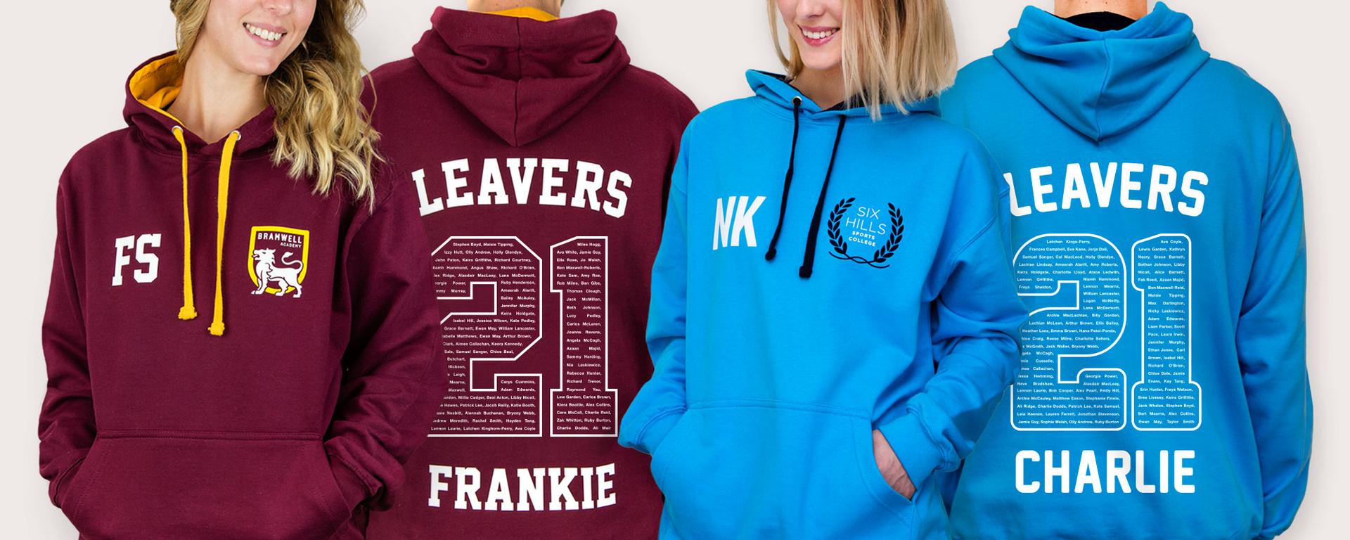 leavers hoodies for 2021 students in colourful school leavers hoodies with a big 21 printed on the back