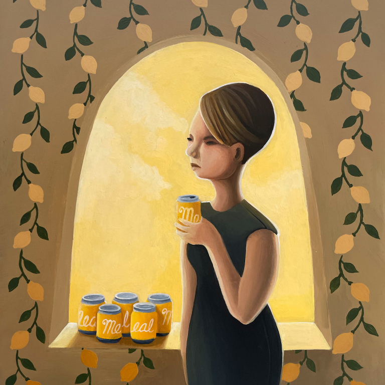 a painting of a girl drinking a lemon-flavored beverage in front of a window