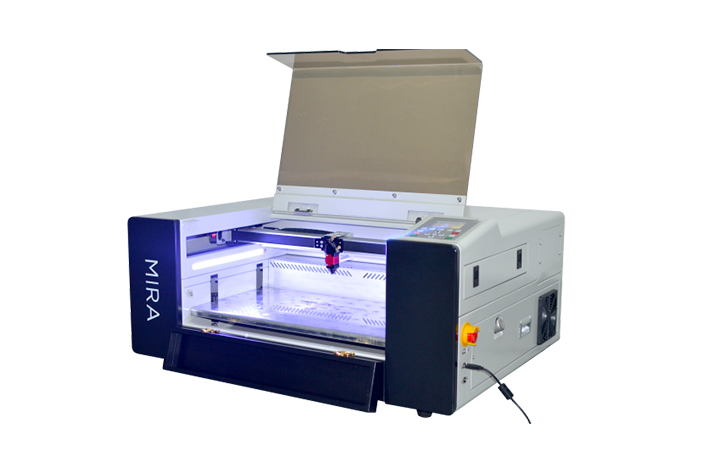 Aeon Mira 5 CO2 Desktop Laser Cutting Machine angled view with lid open