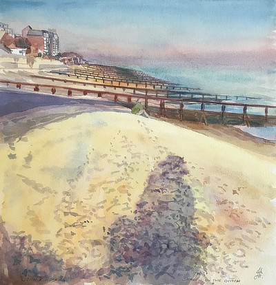 watercolour painting of setting sun casting shadow of figure on Sandgate beach looking East