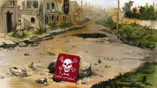 Against the backdrop of destroyed buildings and a deserted street, a bright red warning sign with a skull on it leans against a rock to warn of  lingering toxic substances after a chemical attack.