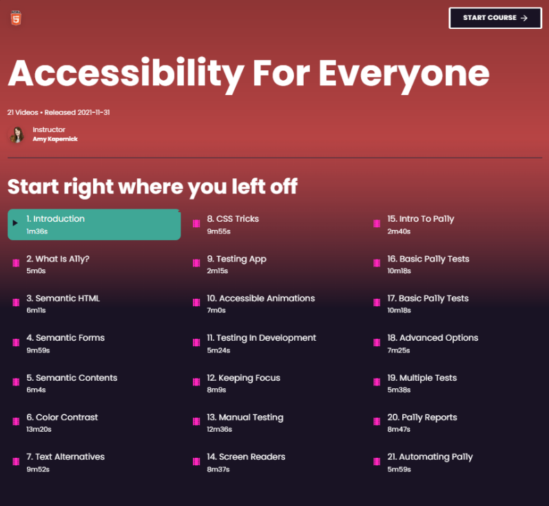Screenshot of Accessibility for Everyone course page, with a list of the 21 videos, their titles and video runtimes