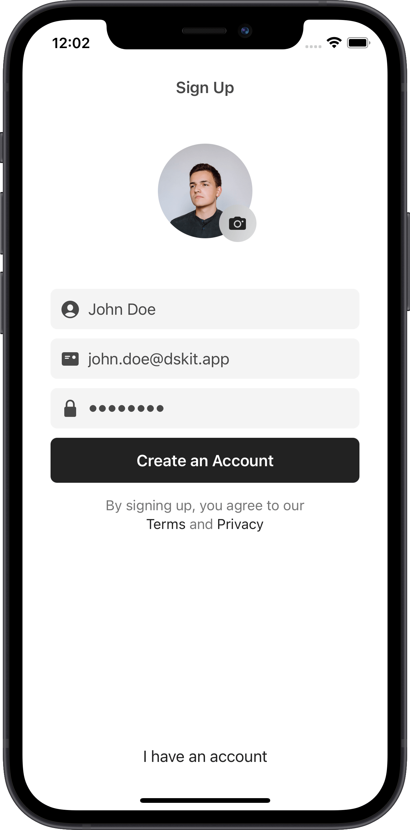 ios ecommerce app form, user name, email, password, design
