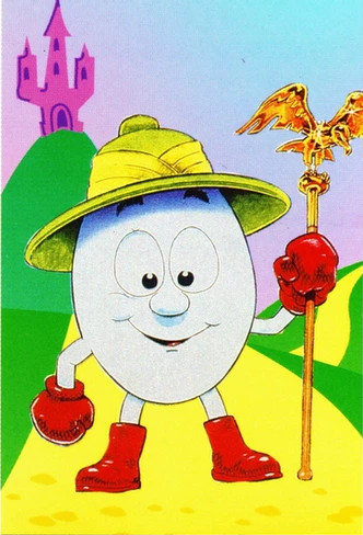 A hand drawn publicity image of Dizzy, an anthropomorphised egg explorer, wearing the trademark red boots and gloves, and a pith-style helmet A hand drawn publicity image of Dizzy, an anthropomorphised egg explorer, wearing the trademark red boots and gloves, and a pith-style helmet
