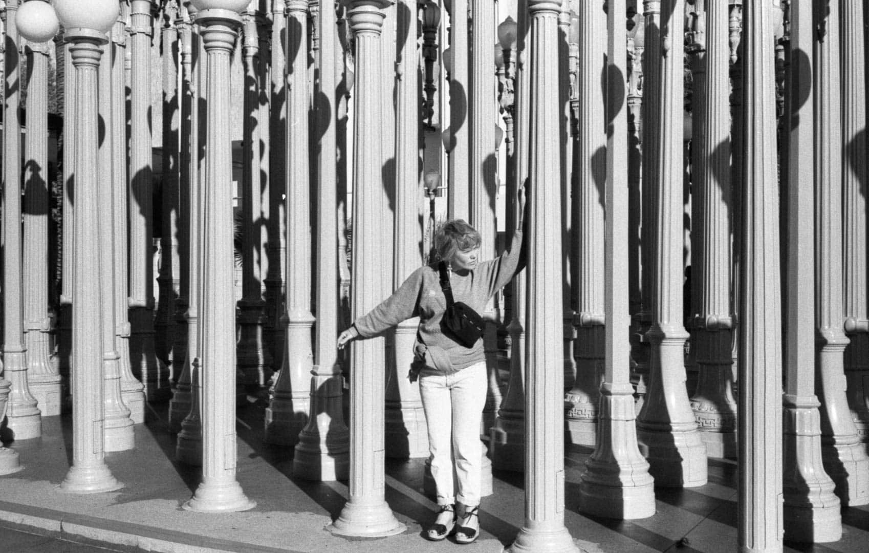 My wife at the street light piece outside LACMA