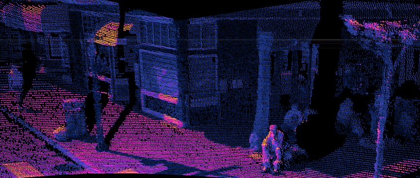A lidar point cloud image of pedestrians at 24th St and Harrison St in San Francisco