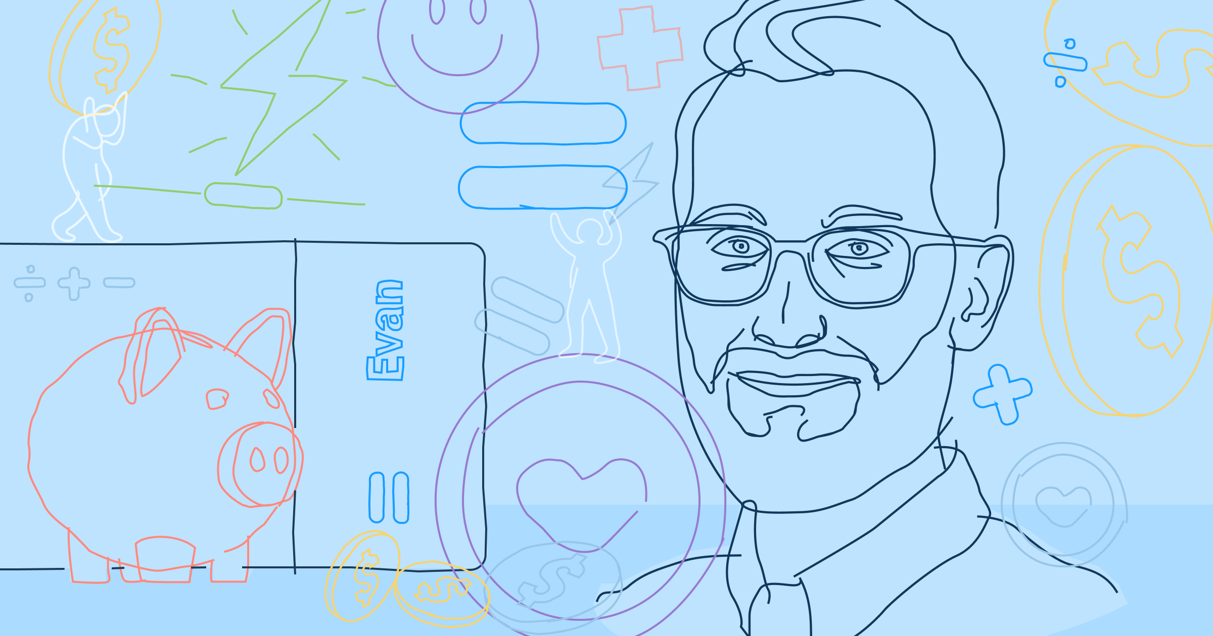 An illustration of a man with a beard and glasses, with artistic renderings of a piggy bank, mathematical signs, and the Even logo.