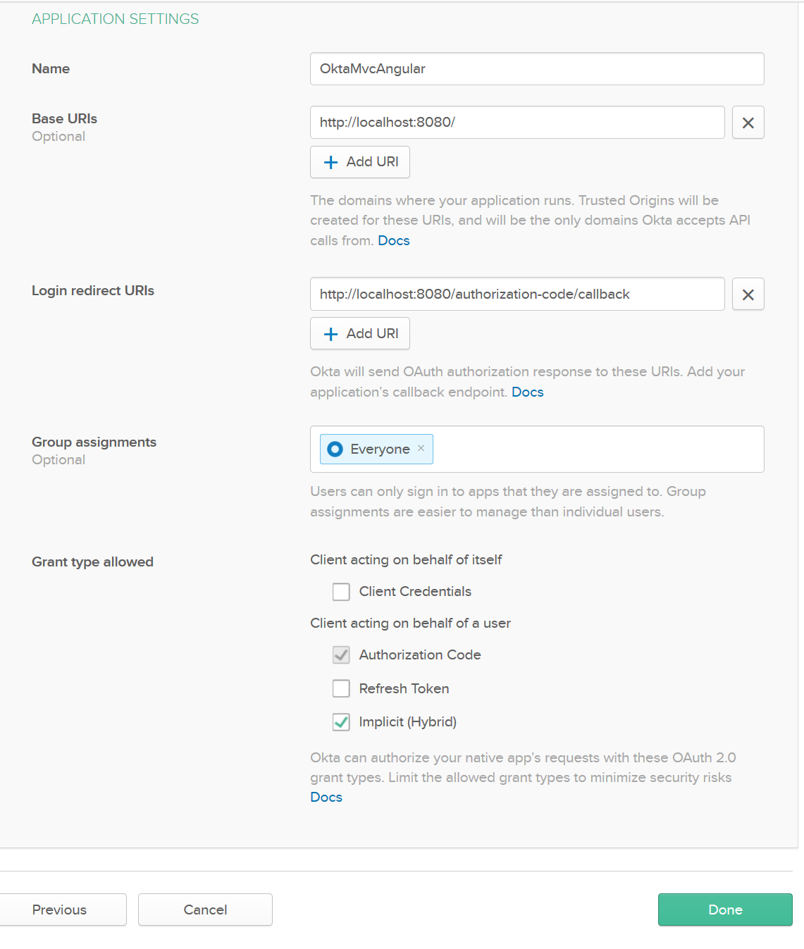 okta application settings