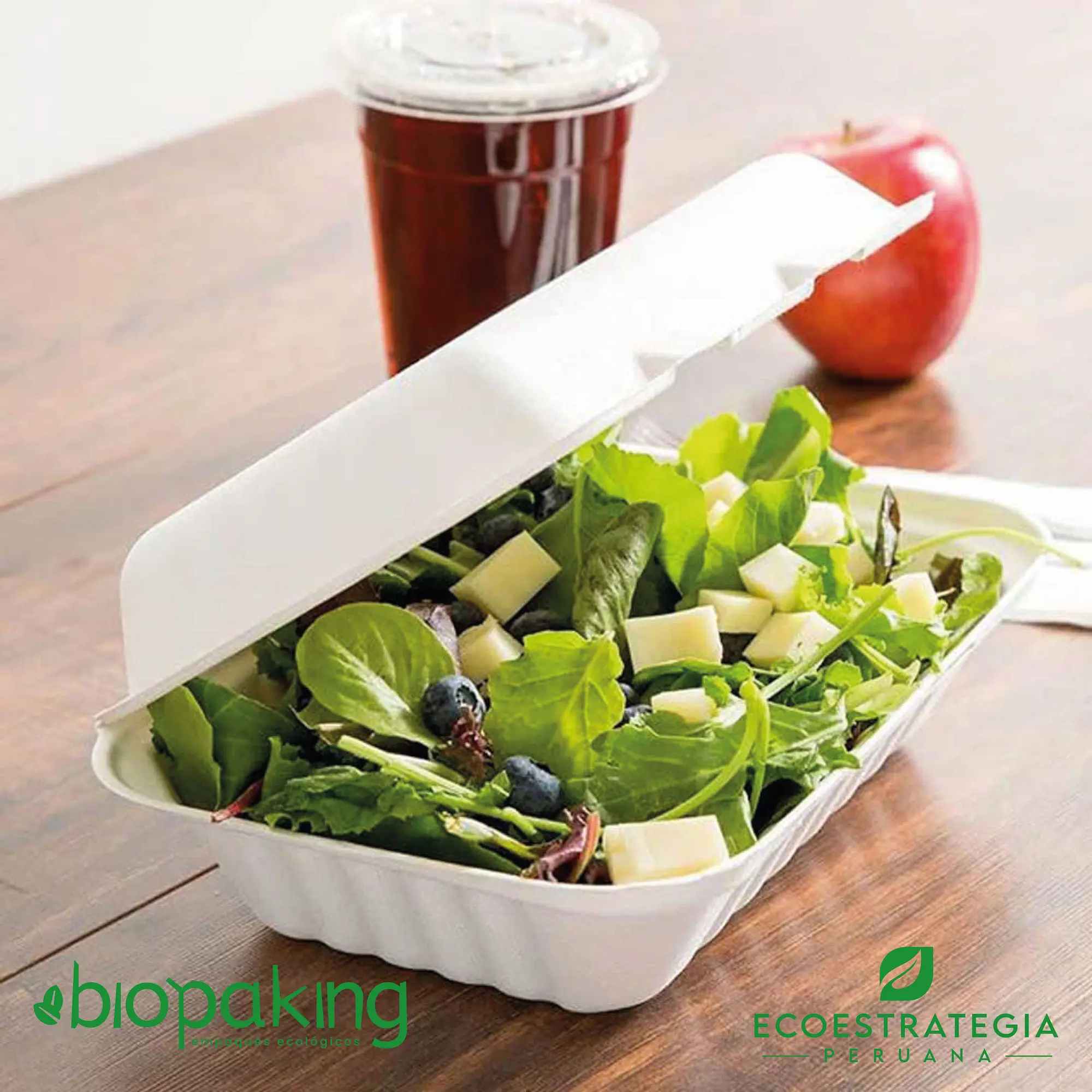 El envase biodegradable CT7 tiene una capacidad de 550ml. Táper biodegradable a base del bagazo de fibra de caña de azúcar, empaques de gramaje ideal para ensaladas y comidas