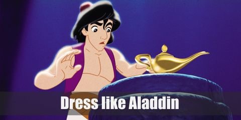 Aladdin wore simple clothes when he was just a beggar on the streets. He prefers a purple vest, a pair of patched-up white harem pants, and a cool red fez.