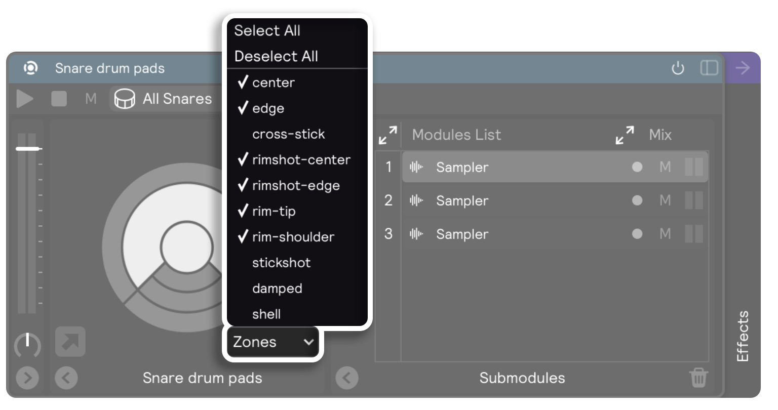 A screenshot showing the popout menu on the drum pads module that lets you select which zones to use