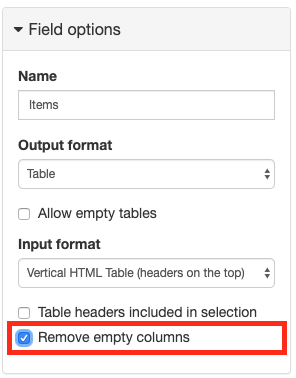 New Remove empty columns option for table Fields