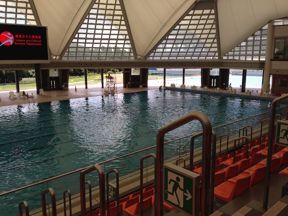 Working in the spectator stands at Tung Chung Swimming Pool, Hong Kong