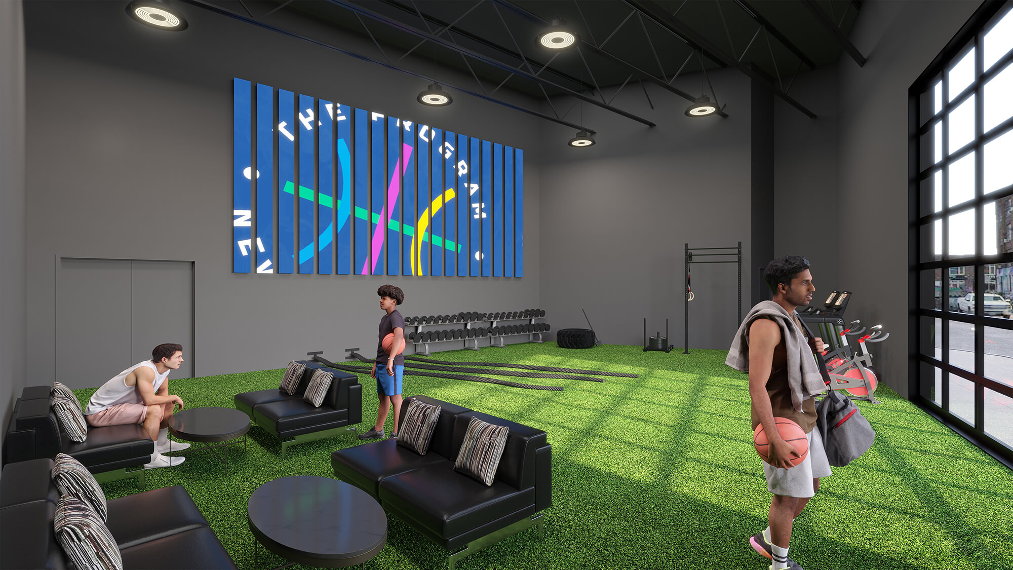 Rendering of the game room at The Program youth basketball facility in Brooklyn NYC