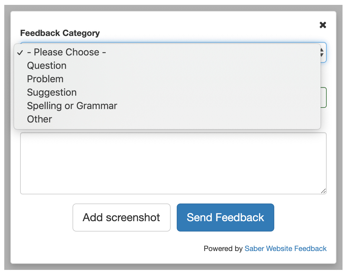 Example of a feedback form with a dropdown category question