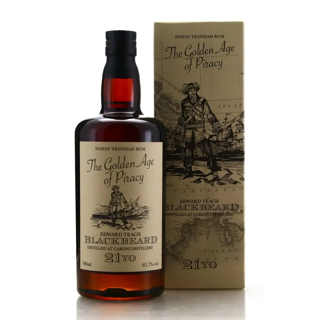 Image of the front of the bottle of the rum The Golden Age of Piracy Edward Teach Blackbeard