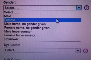 A photo of an online form with a "Gender" field and dropdown options of "Select...", "Male", "Female", "Male name, no gender given", "Female name, no gender given", "Male Impersonator", "Female Impersonator", and "Unknown"