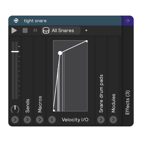 A screenshot of a velocity I/O panel (with a fairly loud setting) on a drum pads controller.